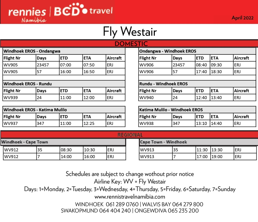 Airline schedules Tourismus Namibia