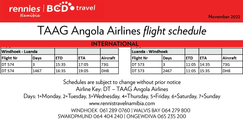 Flight schedule: TAAG Image - Tourismus Namibia